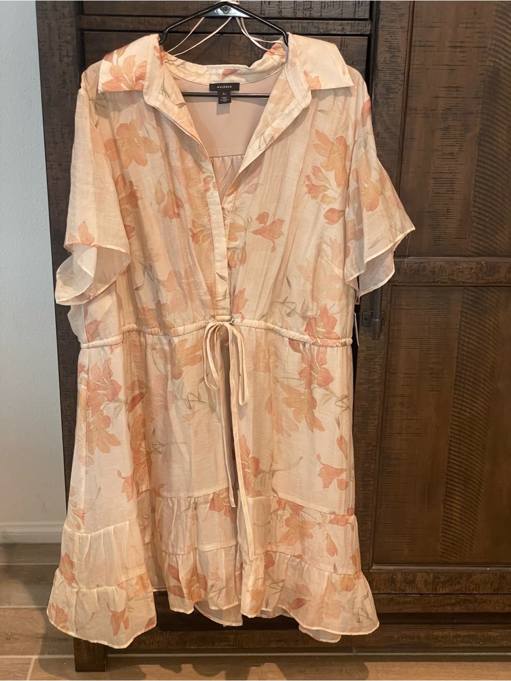 Halogen Peach Floral Midi Dress with Drawstring Waist